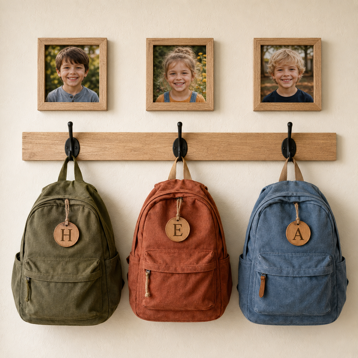 Personalized backpack rack with child photos and initial tags
